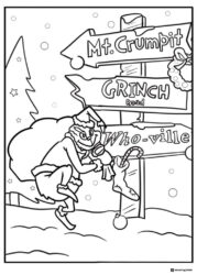 Grinch by direction signs stealing stocking coloring sheet