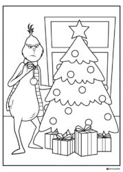 Grinch decorating a Christmas tree with gifts coloring page