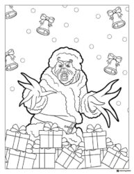 Grinch in Santa suit with gifts coloring page