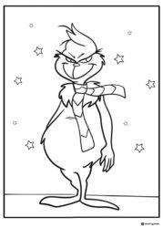Grinch in scarf standing with stars coloring page