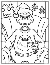 Grinch in sweater with cup and tree coloring page