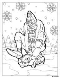 Grinch on toy car with snow and trees coloring page