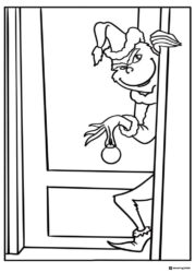 Grinch peering around a door with ornament coloring page