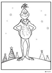 Grinch standing on hill with Christmas trees coloring sheet