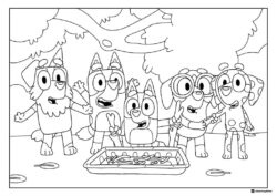 Group Picnic Coloring Sheet with Bluey and Friends Outdoors