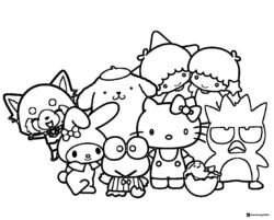 Group of Sanrio characters together coloring page