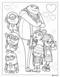 Gru and Minions Coloring Page with Hearts