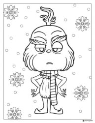 Grumpy Baby Grinch Coloring Page with Scarf and Snowflakes