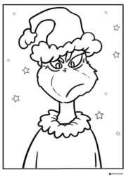 Grumpy Grinch head in Santa hat coloring sheet