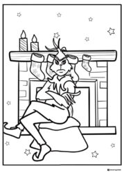 Grumpy Grinch sitting by fireplace coloring sheet