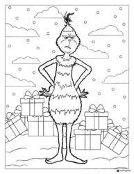 Grumpy Grinch surrounded by Christmas presents coloring page