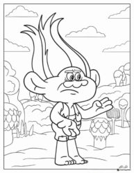 Grumpy Trolls character in a whimsical landscape coloring