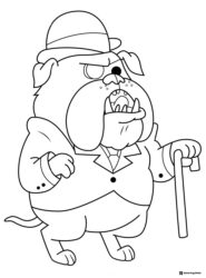 Grumpy bulldog with hat and cane coloring page