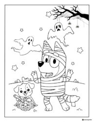 Halloween Bluey Coloring Page with Mummy Costume and Ghosts