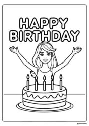 Happy Birthday Barbie Coloring Page with Cake