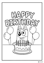 Happy Birthday Bluey Coloring Page with Cake and Balloons