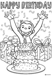 Happy Birthday Curious George with cake and gifts