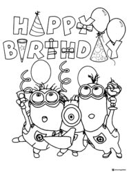 Happy Birthday Minions with Balloons Coloring Page