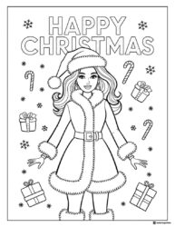 Happy Christmas Barbie Coloring Sheet with Gifts