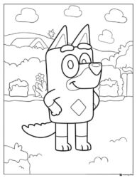 Happy Dog Character Coloring Page with Hills and Bushes