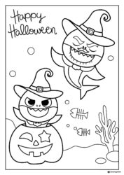 Happy Halloween Sharks coloring page with pumpkins