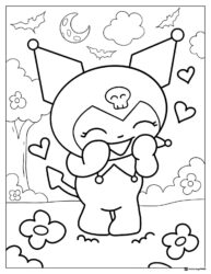 Happy Kuromi with hearts flowers bats coloring page