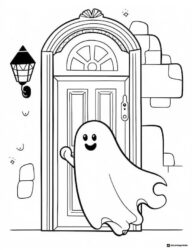 Happy ghost knocking on a front door coloring page