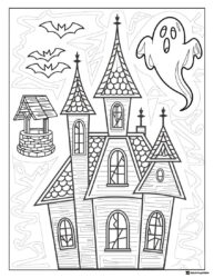 Haunted Mansion Coloring Page with Well and Bats