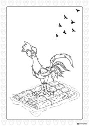 Heihei Coloring Page on a raft with birds flying