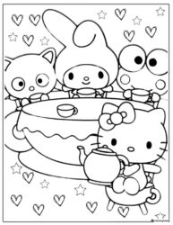 Hello Kitty Tea Party with Hearts and Stars Coloring Page 1