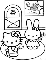 Hello Kitty and Bunny with Lollipops Coloring Page 1