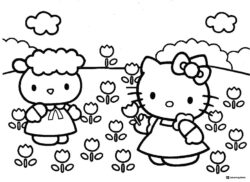 Hello Kitty and Fifi in a field of tulips coloring sheet