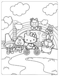 Hello Kitty and Friends Bicycle Ride Coloring Page