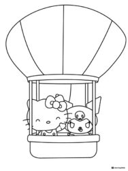Hello Kitty and Kuromi in a hot air balloon