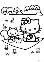 Hello Kitty and a squirrel on a picnic coloring page 1