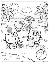 Hello Kitty and friends at the beach coloring page