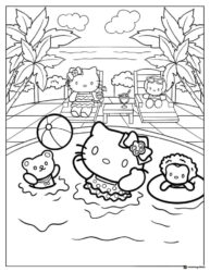 Hello Kitty and friends in a swimming pool coloring page 1