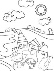 Hello Kitty and friends in a village scene