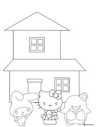 Hello Kitty and friends in front of a house