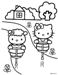 Hello Kitty and friends on pogo sticks coloring page 1