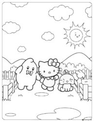 Hello Kitty and friends walking on a path coloring page