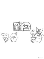 Hello Kitty and friends with houses coloring page 1