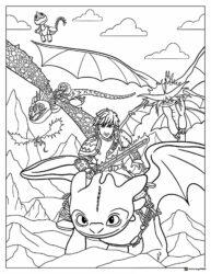 Hiccup and Toothless flying with dragons coloring page
