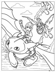 Hiccup and Toothless flying with other dragons coloring page