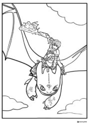 Hiccup riding Toothless with fiery sword coloring page
