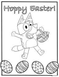 Hoppy Easter Bluey Coloring Page with Basket and Eggs