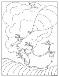 Hot air balloon with creatures flying through clouds coloring page