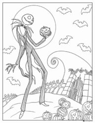 Jack Skellington holding pumpkin bats and moon