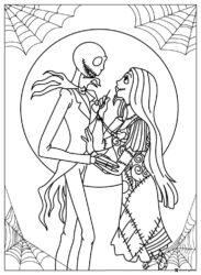 Jack and Sally Coloring Page with Spiderwebs