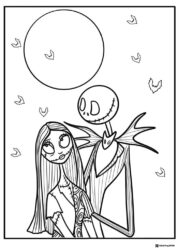 Jack and Sally under the moon with bats coloring